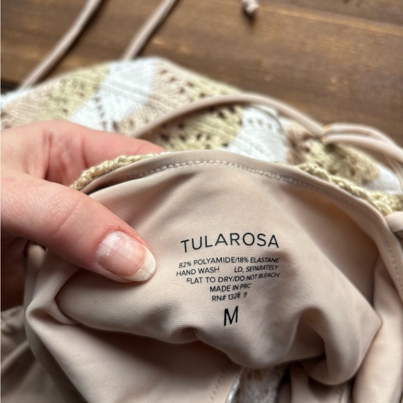 Tularosa Walker Crochet One-Piece Neutral Wavy Stripe Pom Pom Swimsuit Medium - Picture 9 of 10